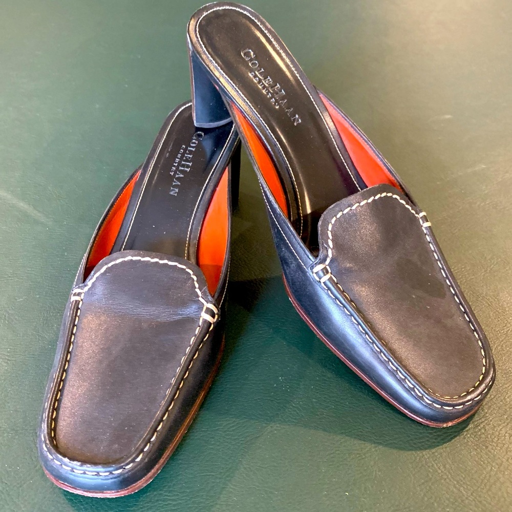 Cole Haan Square Toe Black Leather Loafer Mules w Wooden Stacked Low Heel Size 8 - Picture 9 of 16